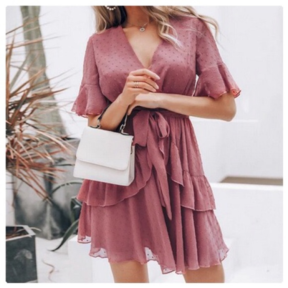 *CLEARANCE* Dusty Rose Boho Swiss Dot Mini Dress - Picture 3 of 7